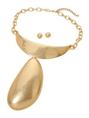 Gold Statement Teardrop Pendant Necklace and Stud Earrings - Women Jewelry